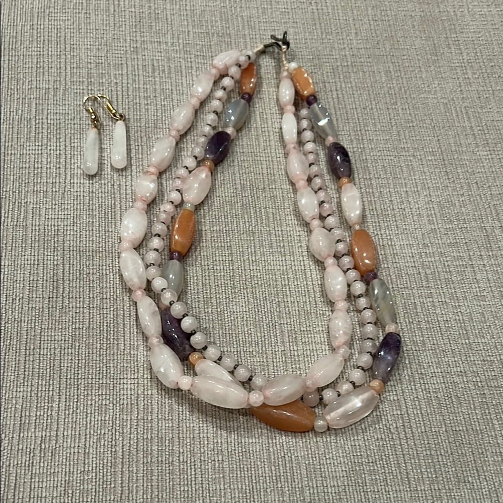 Rose quartz, amethyst, and carnelian stone Beaded Necklace and Earring Set